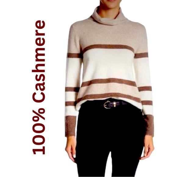 KIER+J 100% Cashmere Color-Block Turtleneck Sweater, Neutrals Minimalist M - Picture 1 of 5